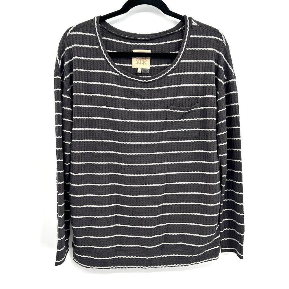 NWT CHASER Gray White Striped Thermal Waffle Knit Pocket Long Sleeve Top Medium